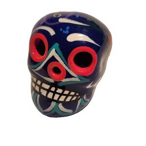 Sugar Skull Mexican Blue Hand Painted Colorful  2.5”T 4”W Halloween